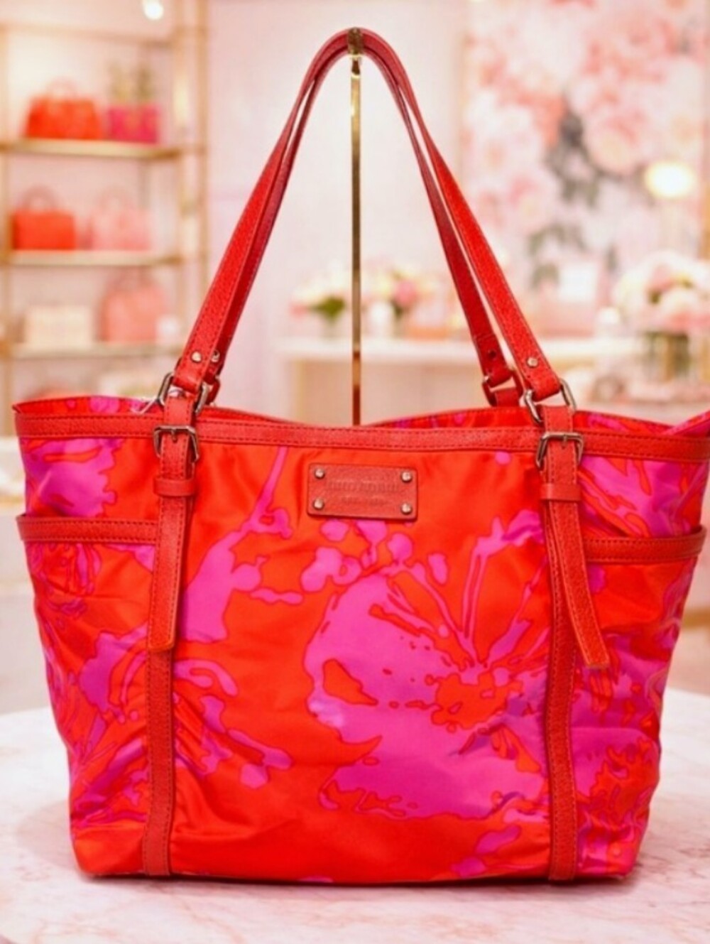 Kate Spade Tote GUC- Salmon Red & Fuchsia Pink Floral Nylon w/Leather Trim GHW
